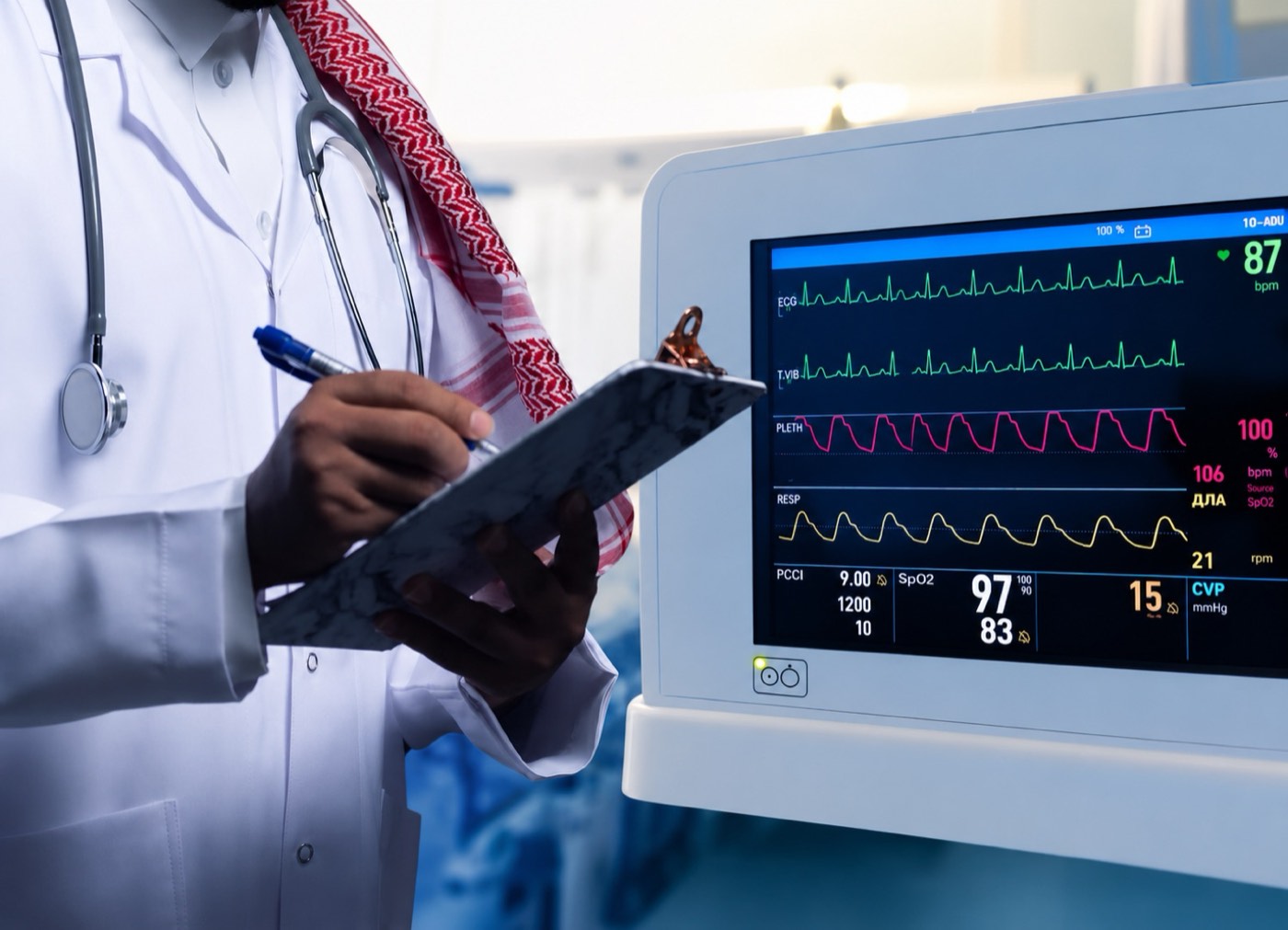 A clinician reviewing patient monitoring data